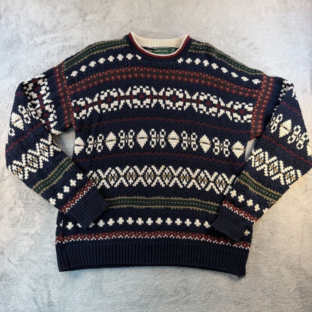 Landscape Women L Fair Isle Nordic Sweater Navy Multicolor Made USA